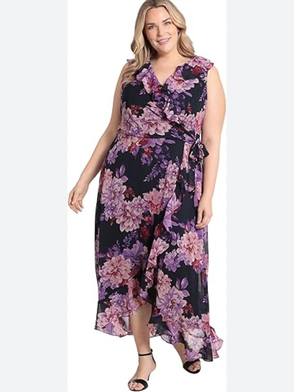London Times 20W Floral Chiffon Ruffle Faux Wrap Maxi Dress High Low Hem